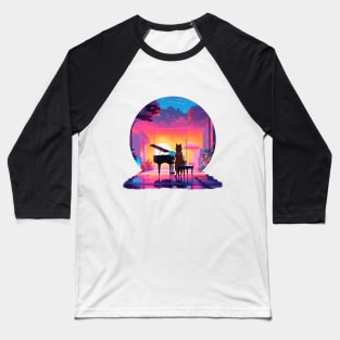 Synthwave Serenade: Caramel Shiba Piano Player Baseball T-Shirt